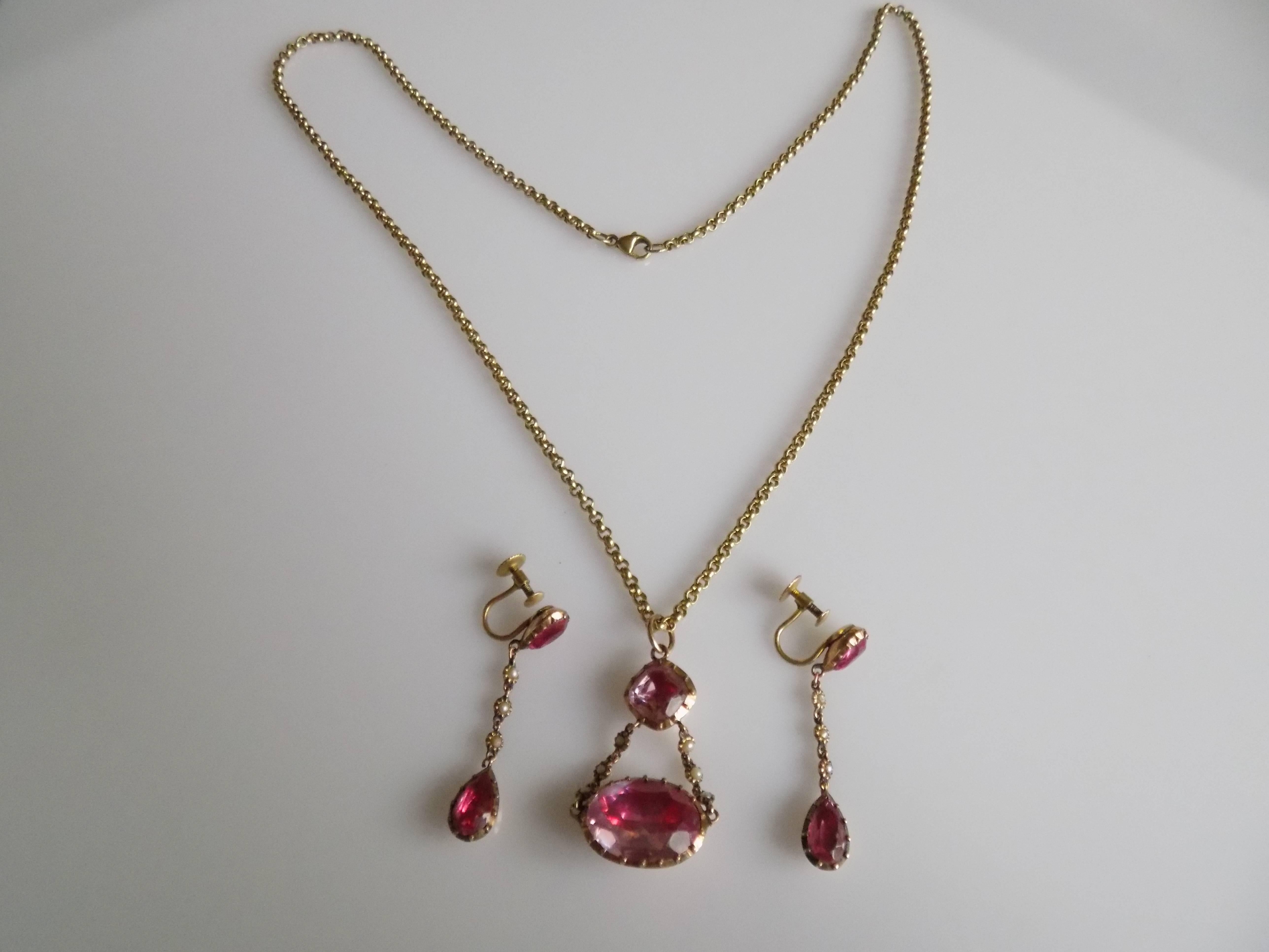 Women's Rare Georgian Pink Topaz paste Pearl Gold Necklace Earrings Set
