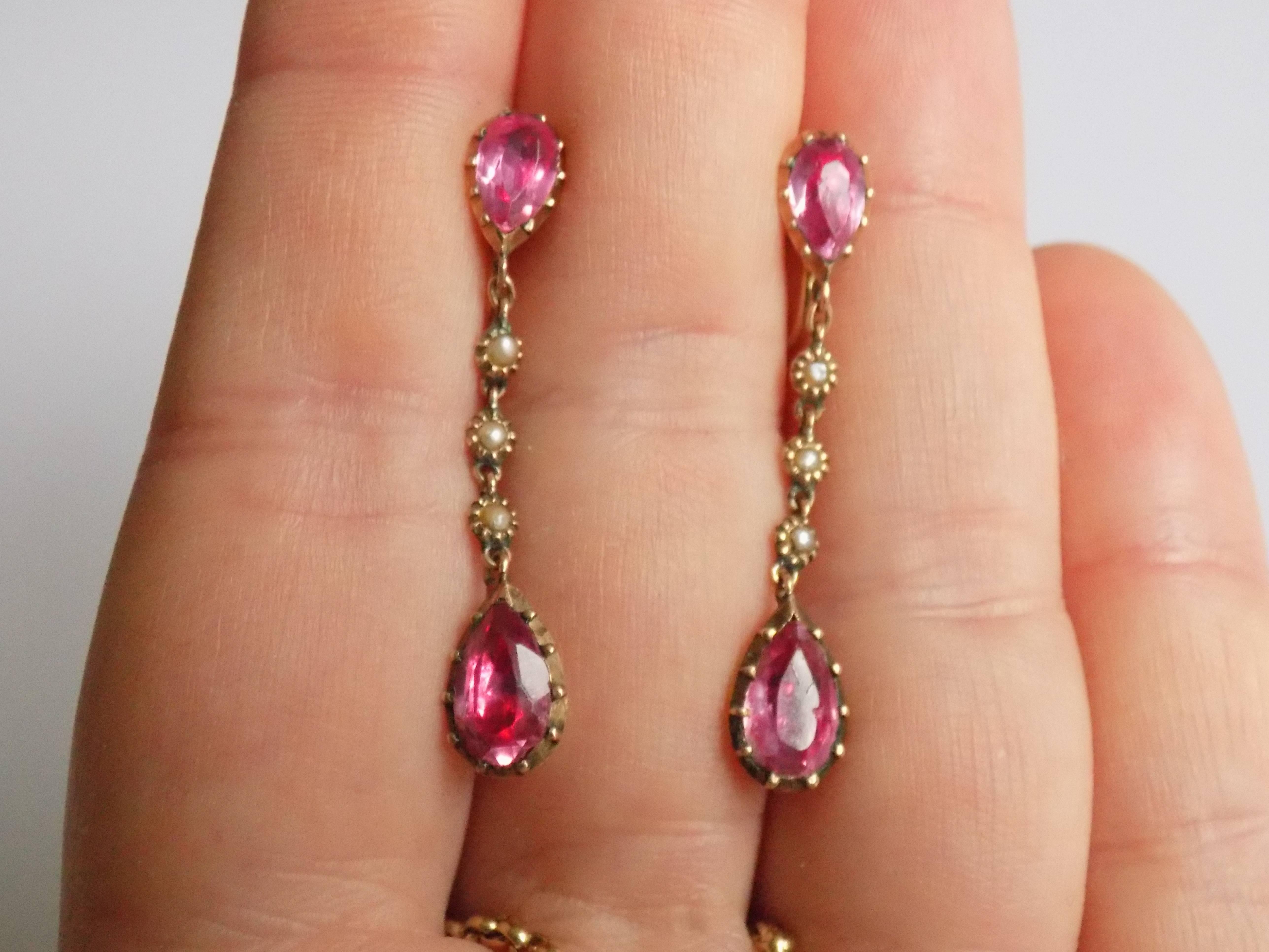 Rare Georgian Pink Topaz paste Pearl Gold Necklace Earrings Set 2