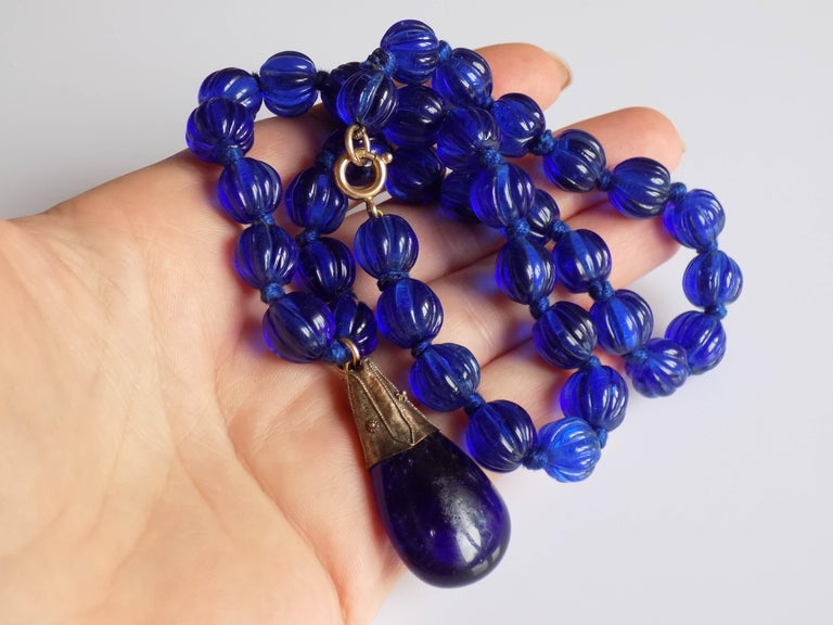 Rare Bristol Blue Glass Beads Necklace For Sale at 1stdibs