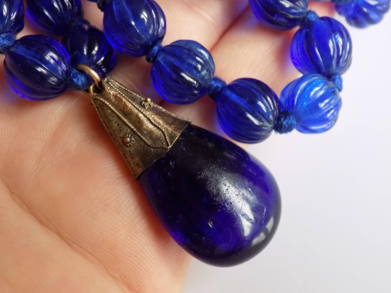 Rare Bristol Blue Glass Beads Necklace For Sale at 1stdibs