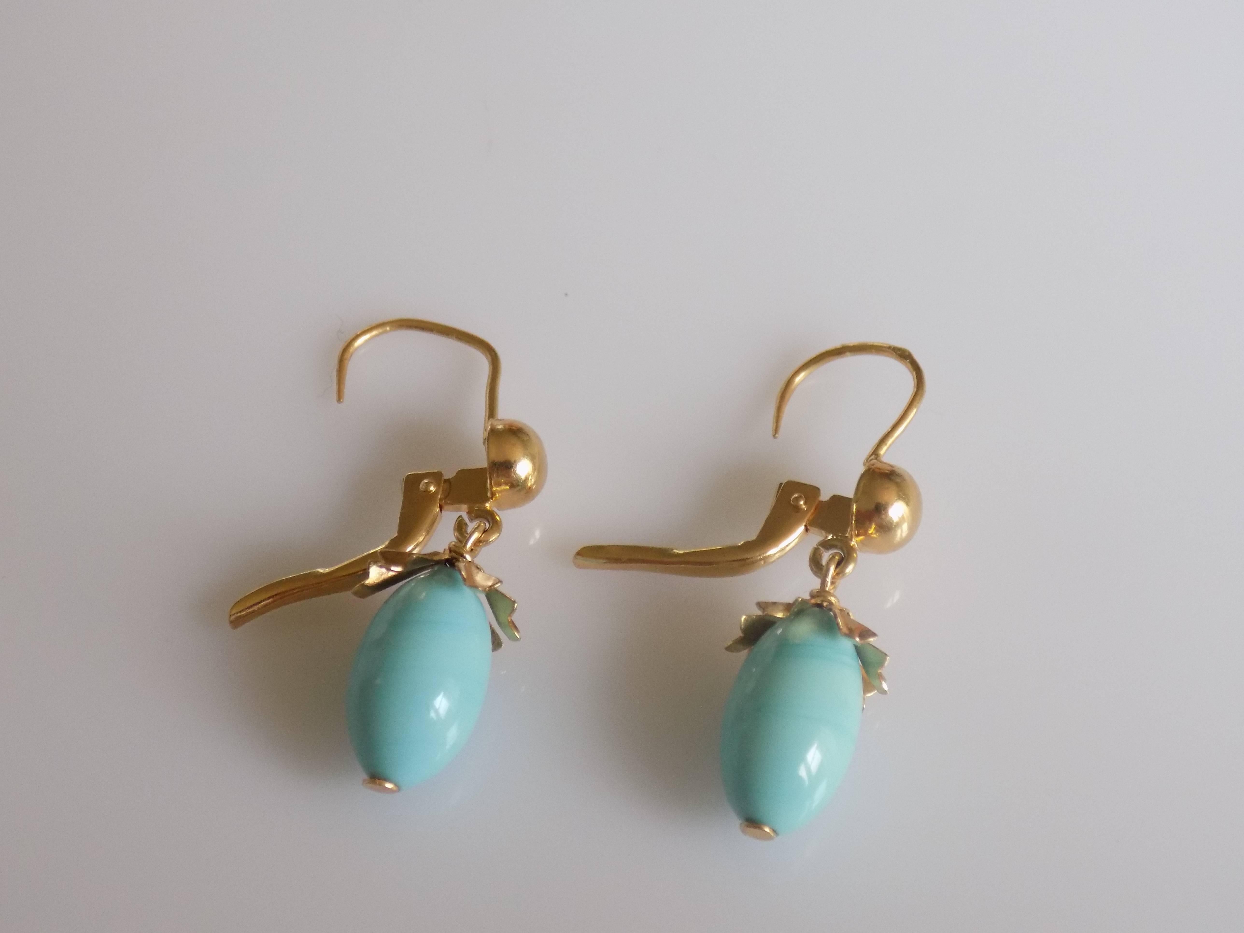Post-War Vintage 18 Karat Gold Turquoise Drop Earrings