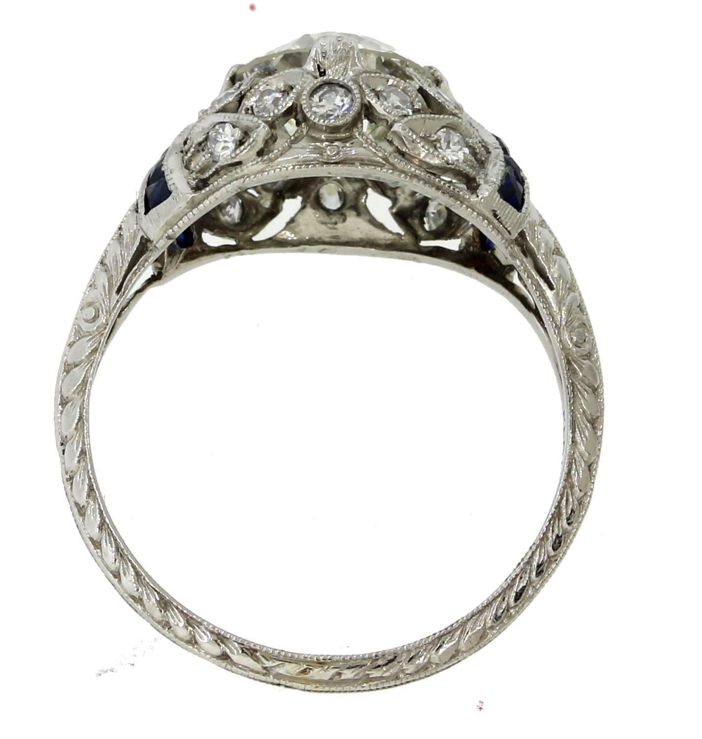 Antique Art Deco Platinum Filigree 1.68carat Diamond Sapphire Engagement Ring For Sale 4