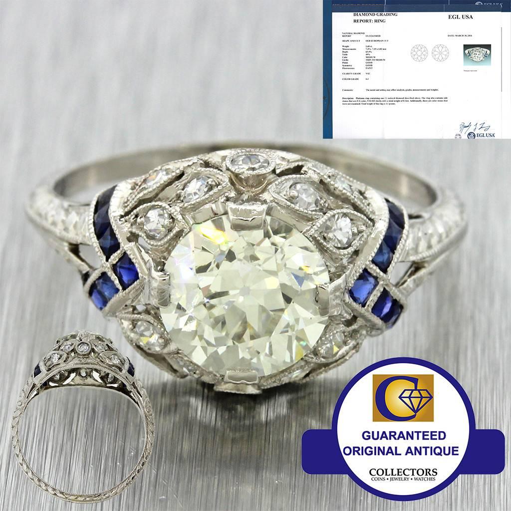 Women's Antique Art Deco Platinum Filigree 1.68carat Diamond Sapphire Engagement Ring For Sale