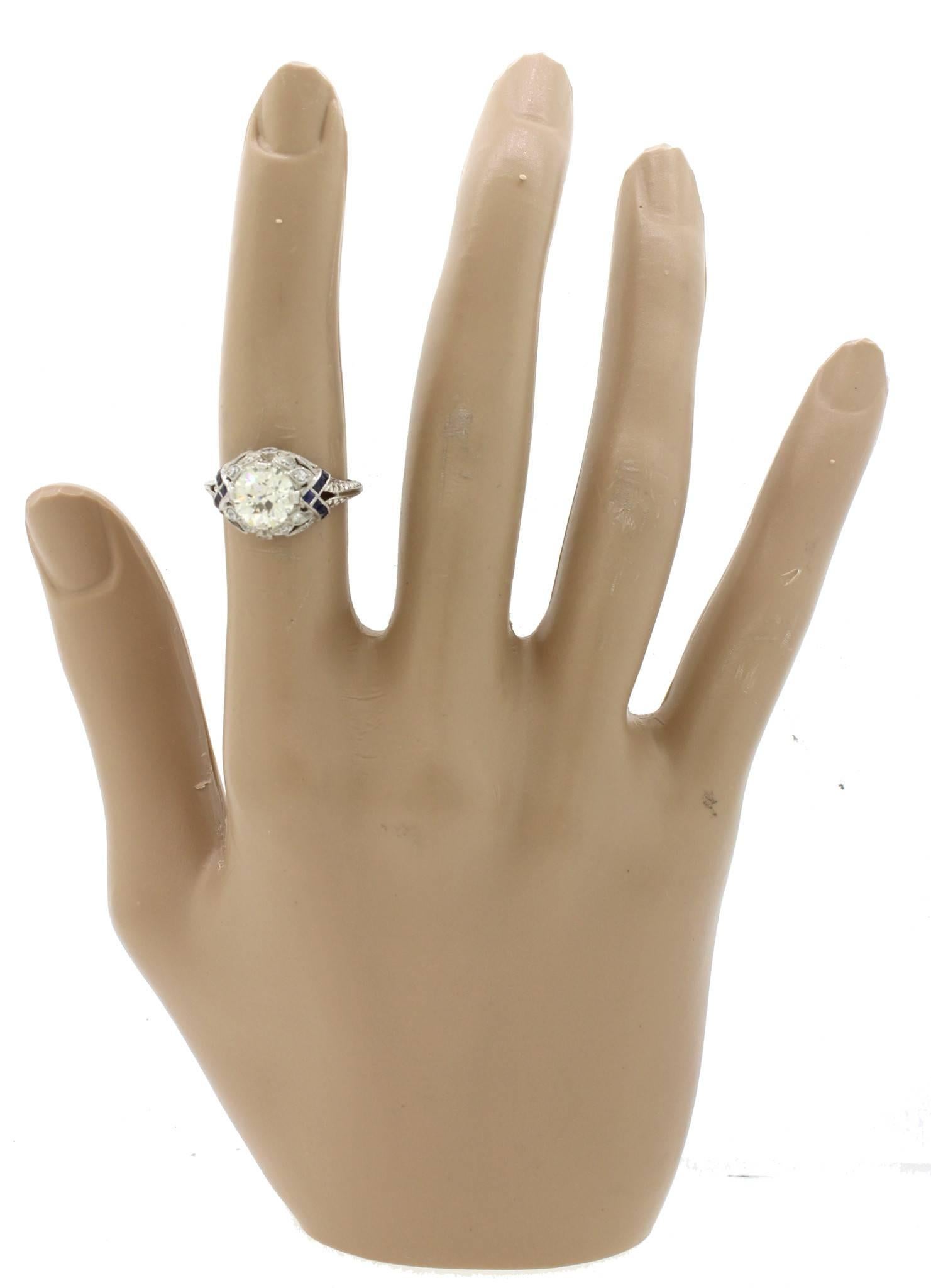 Antique Art Deco Platinum Filigree 1.68carat Diamond Sapphire Engagement Ring For Sale 5