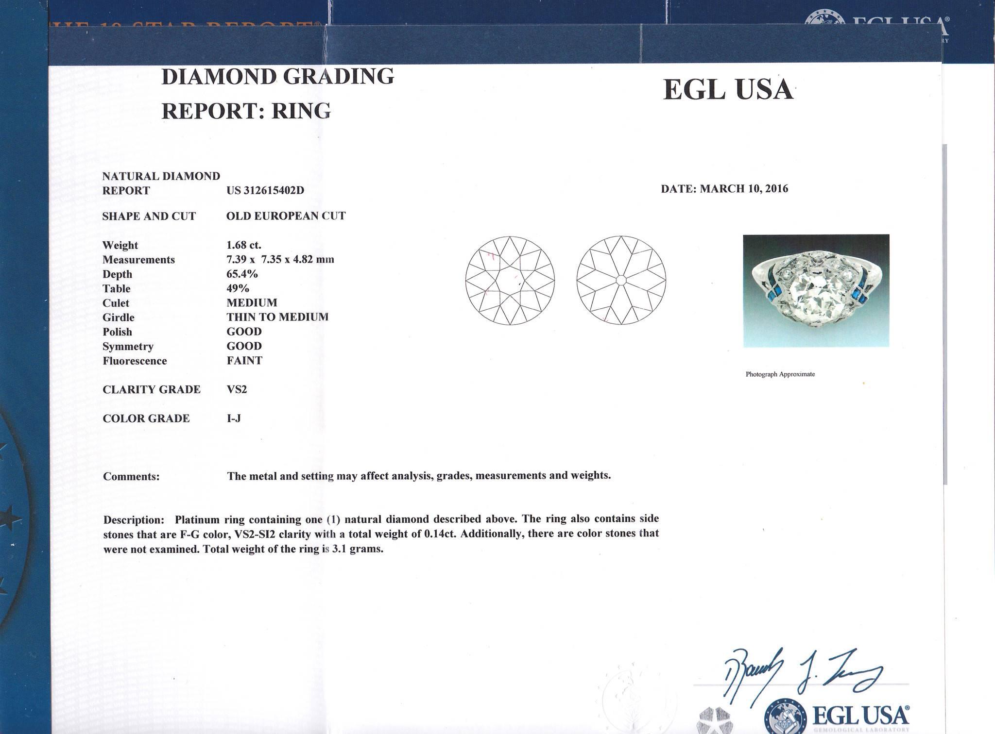 Antique Art Deco Platinum Filigree 1.68carat Diamond Sapphire Engagement Ring For Sale 3