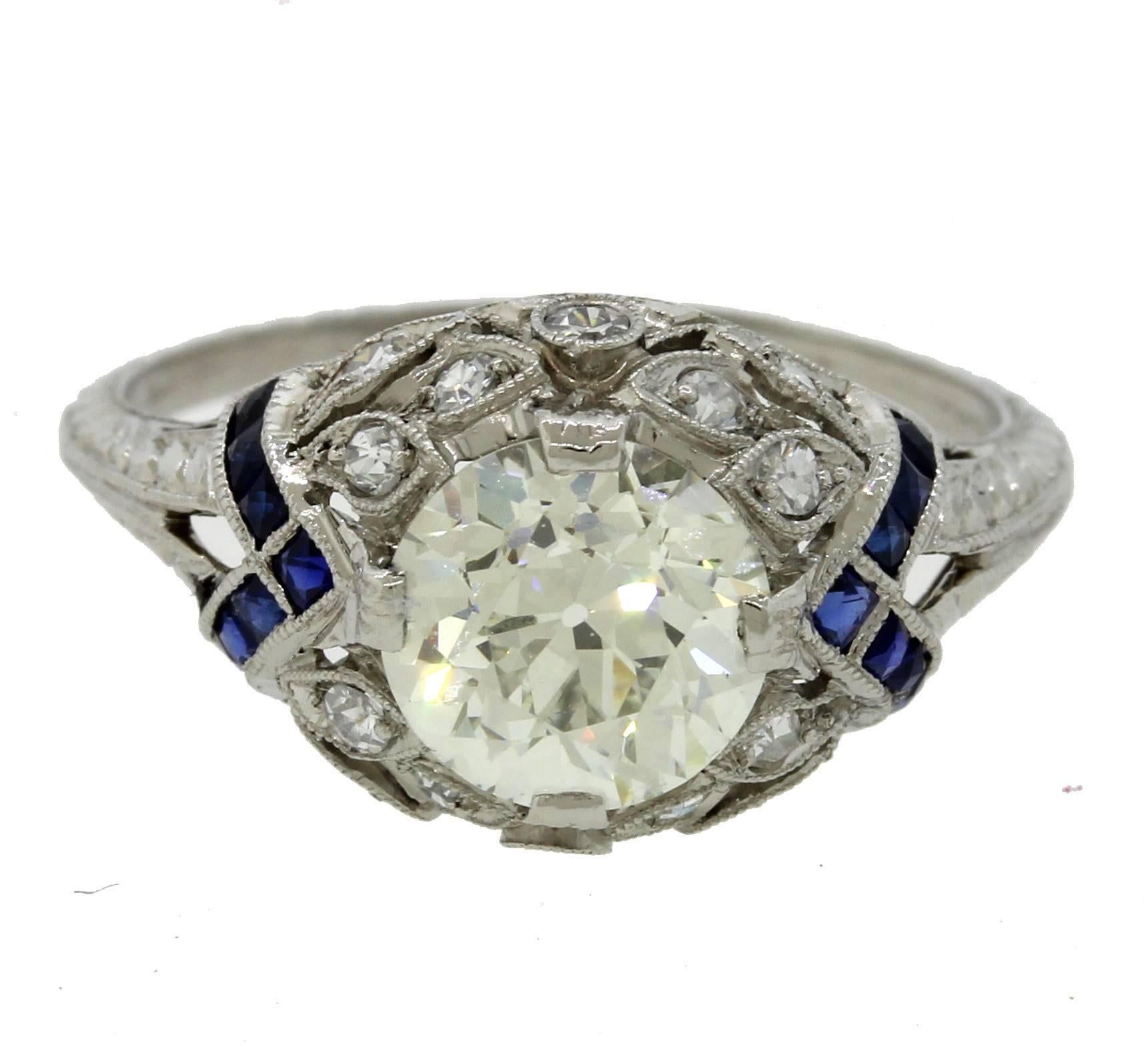 Antique Art Deco Platinum Filigree 1.68carat Diamond Sapphire Engagement Ring For Sale 1