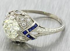 Antique Art Deco Platinum Filigree 1.68carat Diamond Sapphire Engagement Ring