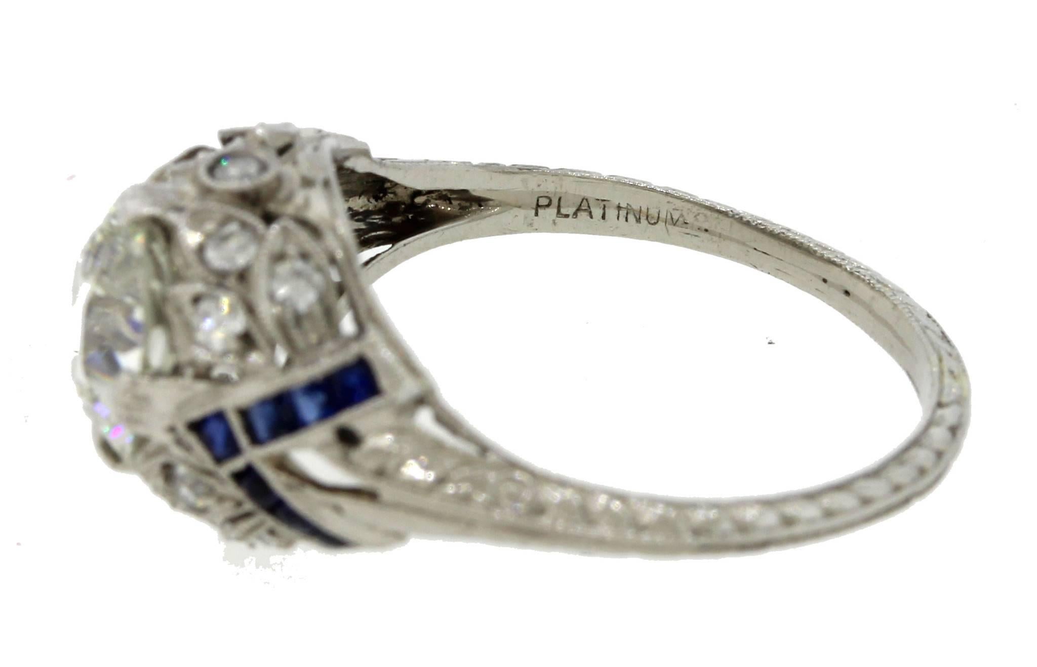 Antique Art Deco Platinum Filigree 1.68carat Diamond Sapphire Engagement Ring For Sale 2