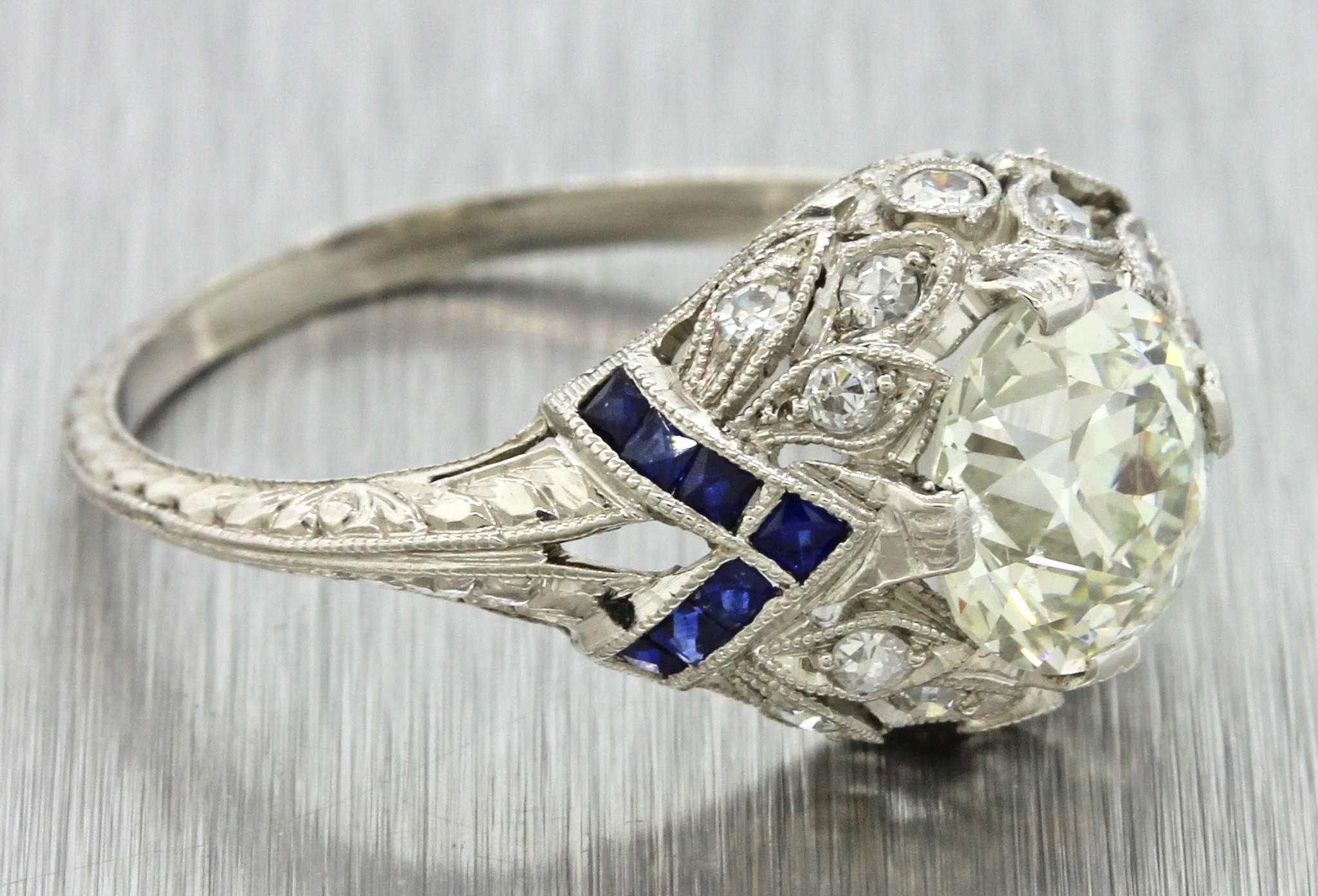 Antique Art Deco Platinum Filigree 1.68carat Diamond Sapphire Engagement Ring In Excellent Condition For Sale In Huntington, NY
