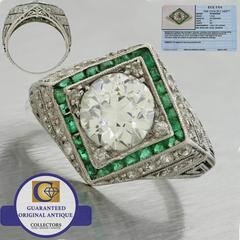 1920 Art Deco 1.70 carat  Diamond Emerald Platinum Engagement Ring
