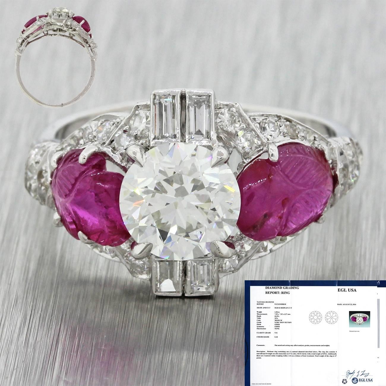 1920 Antique Art Deco 2.50 carat Diamond Rubies Platinum Engagement Ring In Excellent Condition For Sale In Huntington, NY
