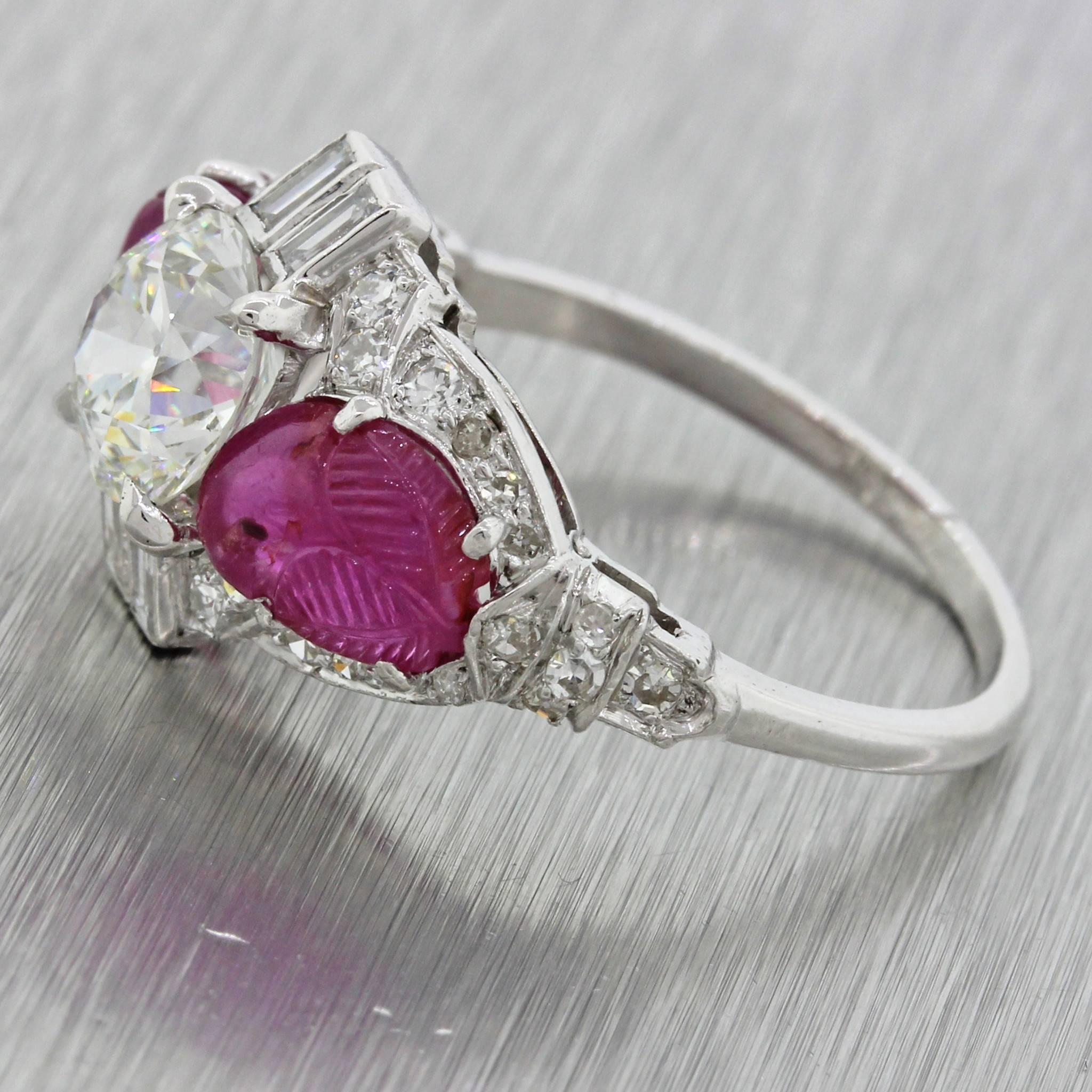 Women's 1920 Antique Art Deco 2.50 carat Diamond Rubies Platinum Engagement Ring For Sale