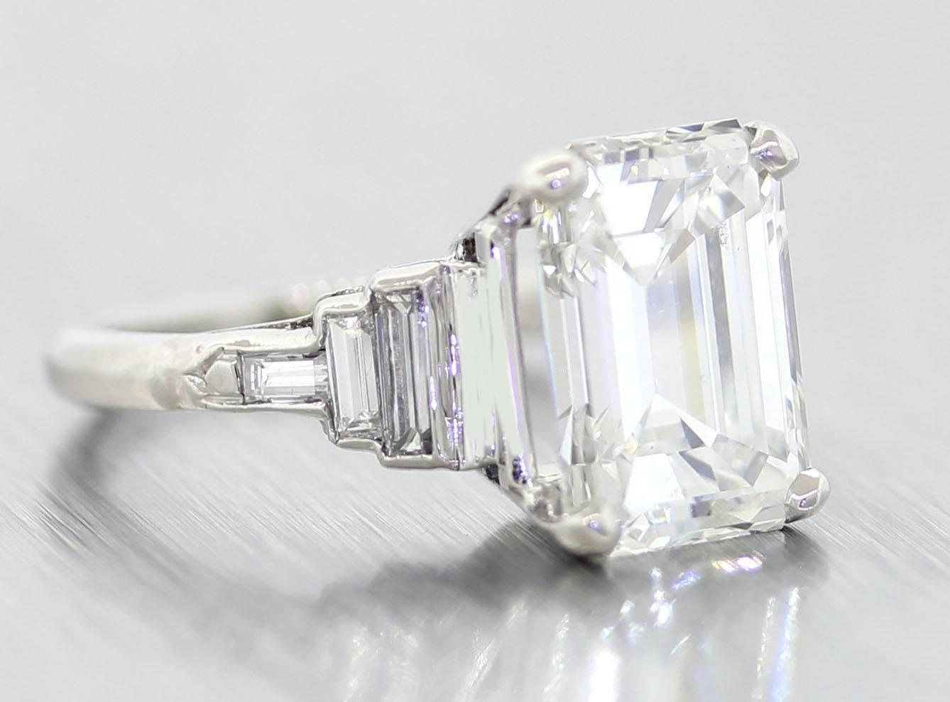 Antique Art Deco 4.60 carat GIA Emerald cut Diamond Platinum Engagement Ring For Sale 2