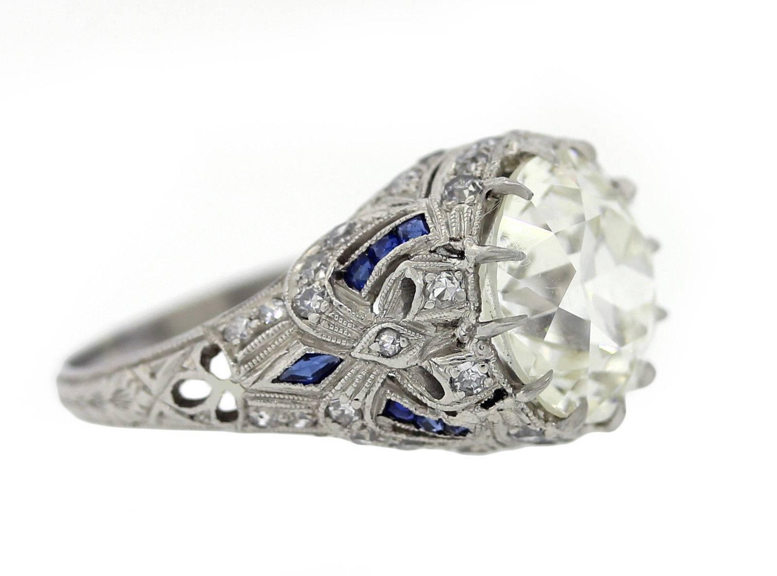 1920s Antique Art Deco Filigree Platinum 5.48ct Diamond Sapphire Engagement Ring For Sale 1