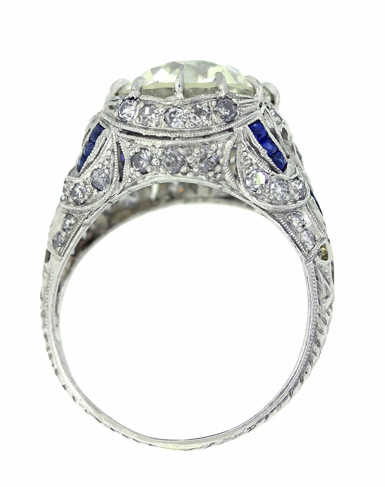 Women's 1920s Antique Art Deco Filigree Platinum 5.48ct Diamond Sapphire Engagement Ring For Sale