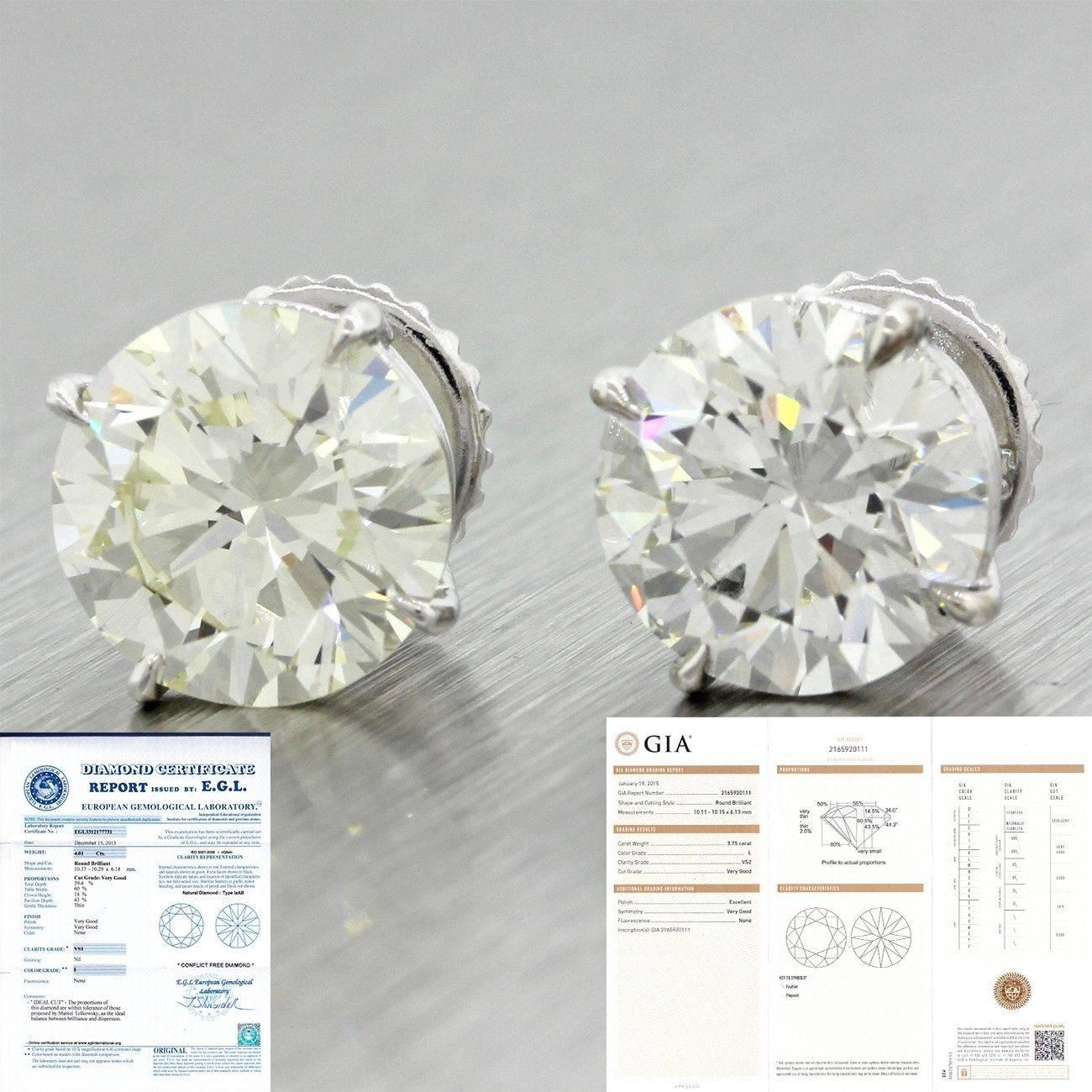 14 Karat Solid White Gold 7.76 Carat Diamond Stud Earrings GIA EGL In Excellent Condition For Sale In Huntington, NY