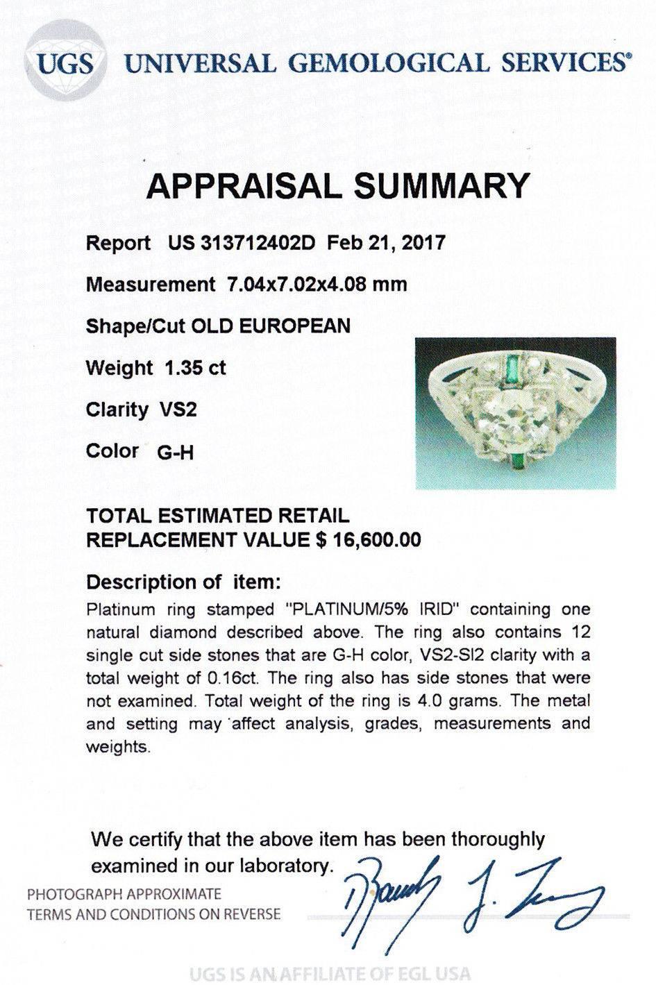 1920s Antique Art Deco 1.51 Carat EGL Diamond Emerald Solid Platinum Ring For Sale 1