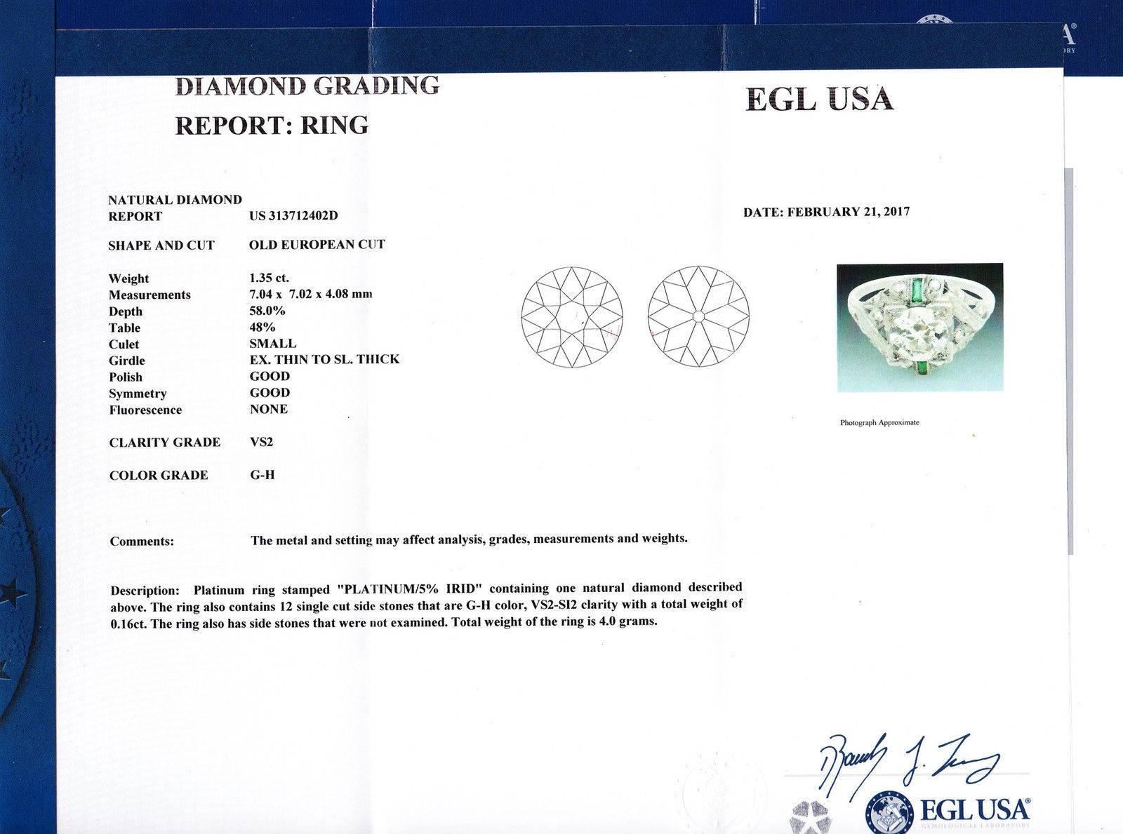 Women's 1920s Antique Art Deco 1.51 Carat EGL Diamond Emerald Solid Platinum Ring For Sale