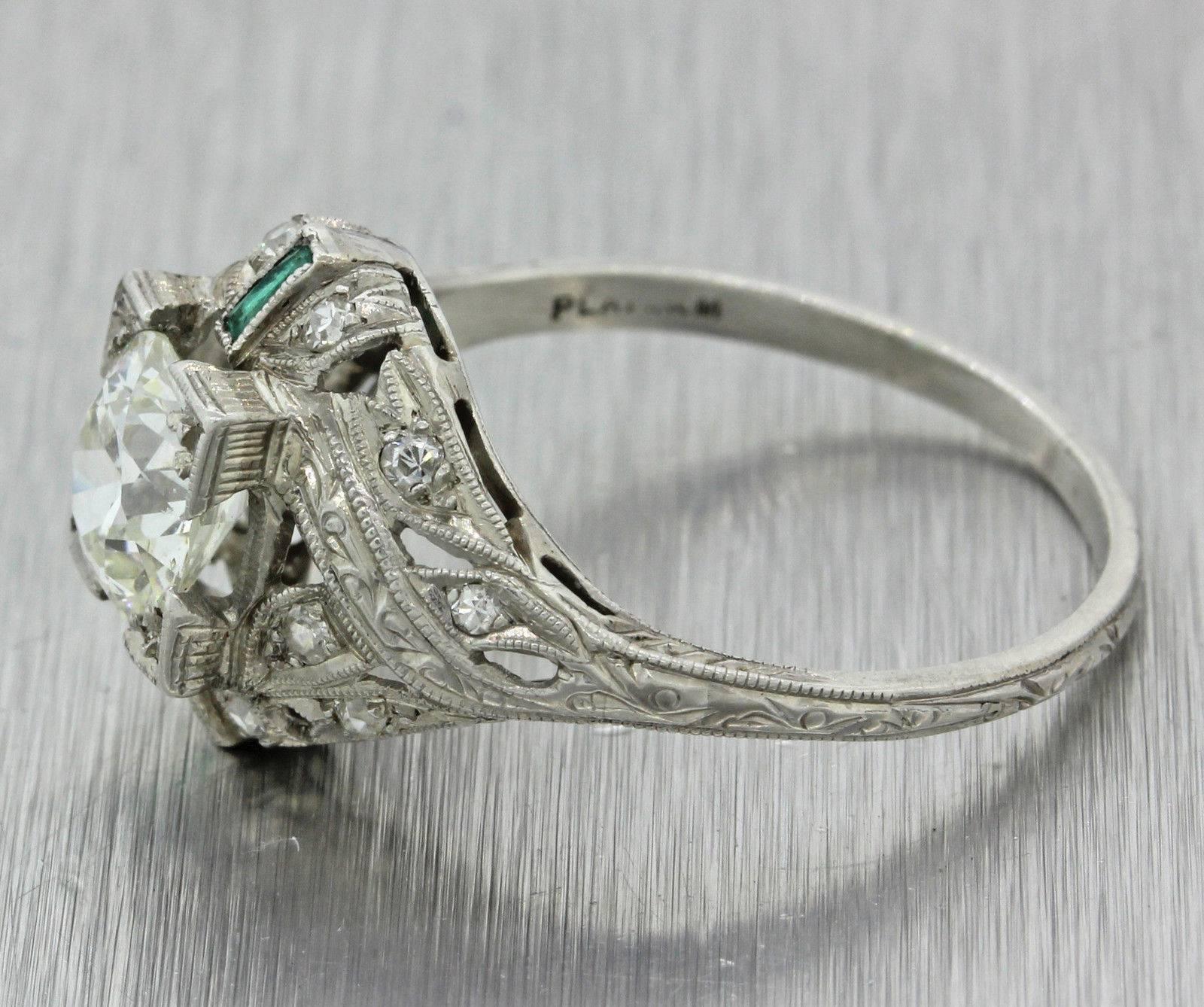 1920s Antique Art Deco 1.51 Carat EGL Diamond Emerald Solid Platinum Ring In Excellent Condition For Sale In Huntington, NY