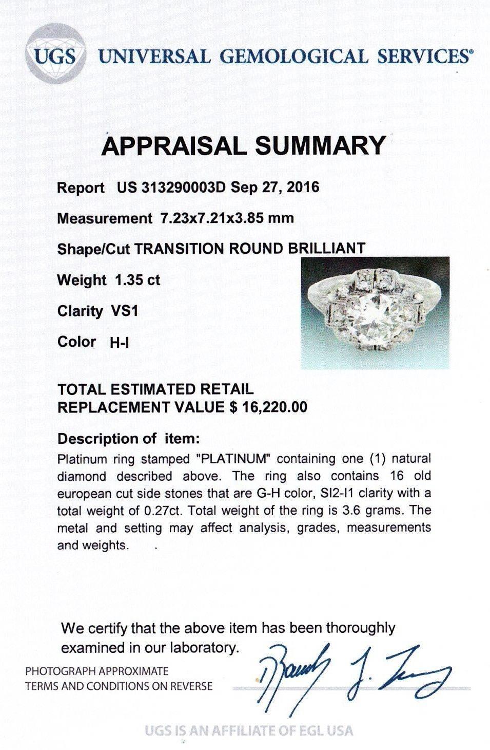 Exquisite Antique Art Deco 1.62 Carat Diamonds Platinum Engagement Ring For Sale 1