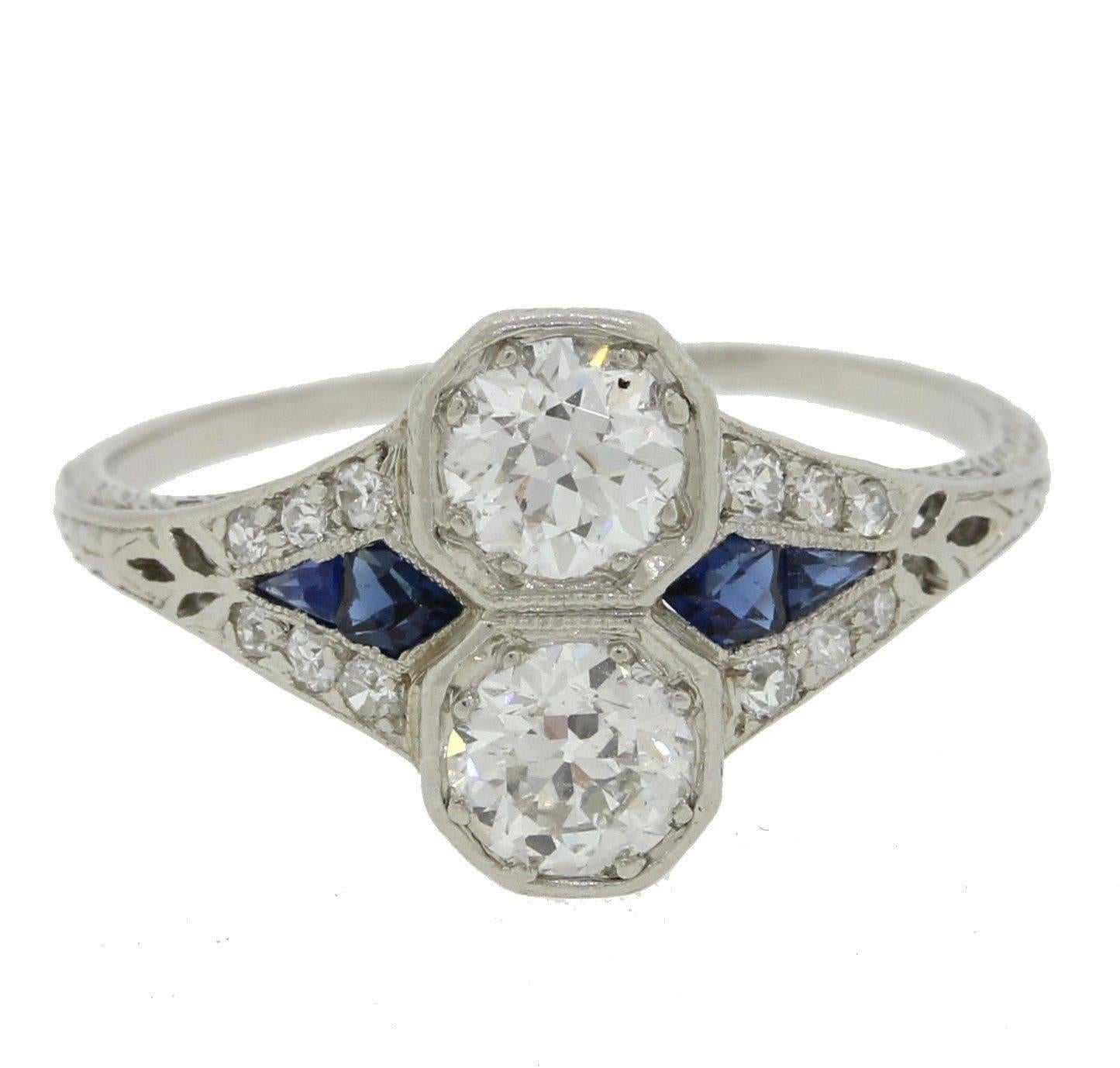 1920s Antique Art Deco Sapphire Diamond Platinum Engagement Ring For Sale