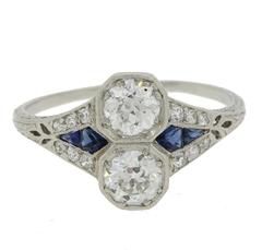 1920s Antique Art Deco Sapphire Diamond Platinum Engagement Ring