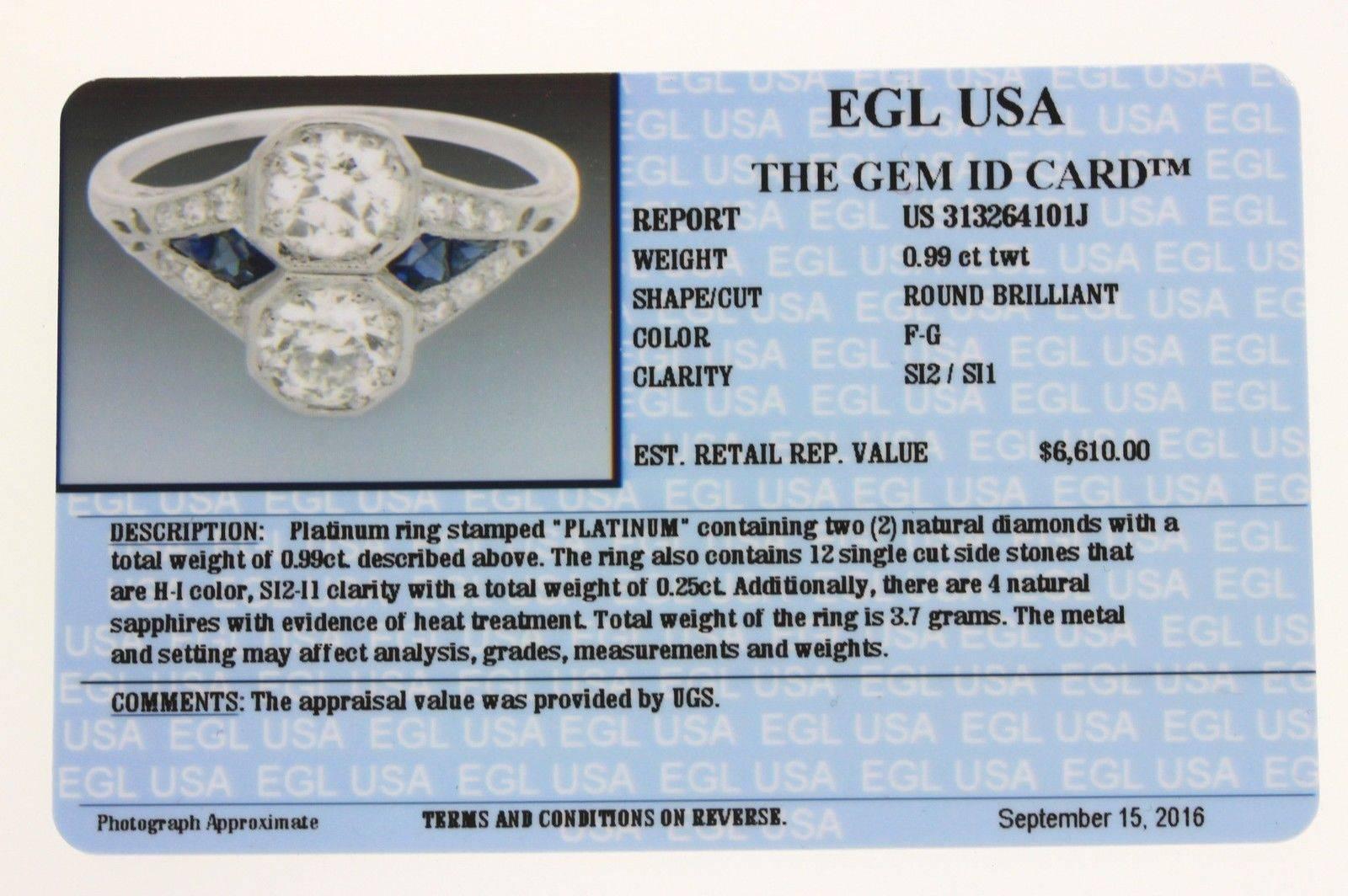 1920s Antique Art Deco Sapphire Diamond Platinum Engagement Ring For Sale 4