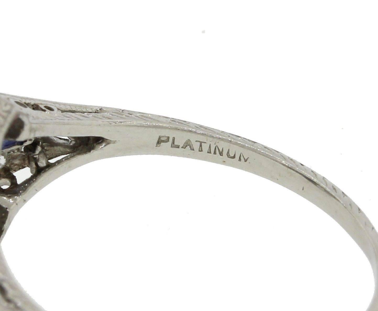 1920s Antique Art Deco Sapphire Diamond Platinum Engagement Ring For Sale 2