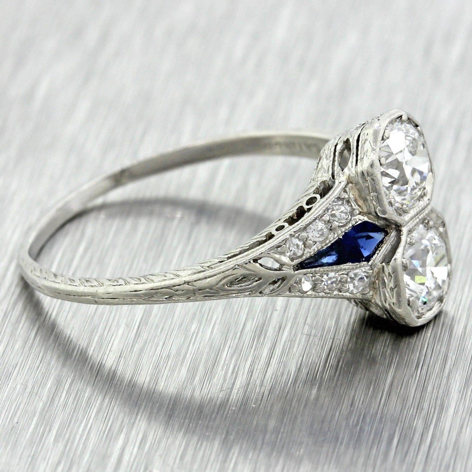 This is a beautiful antique art deco platinum diamond and sapphire engagement ring that can dated back to the 1920's. This ring suggested retail price is $6,610.00 USD and was determined by world-renowned EGL USA; one of the most reputable diamond