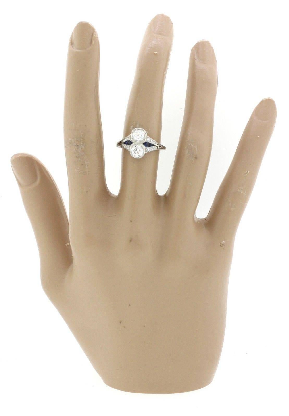 1920s Antique Art Deco Sapphire Diamond Platinum Engagement Ring For Sale 3