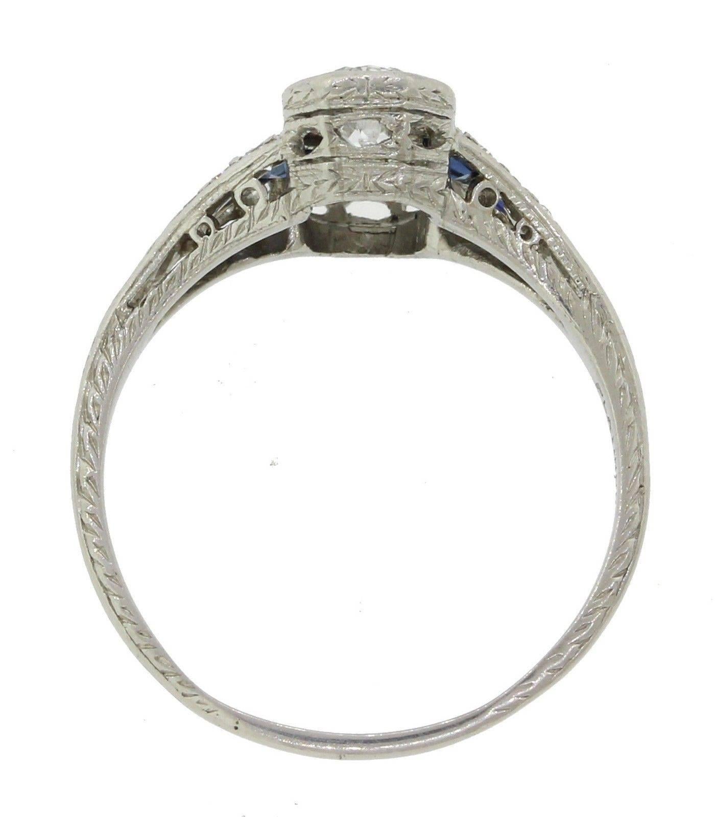 1920s Antique Art Deco Sapphire Diamond Platinum Engagement Ring For Sale 1