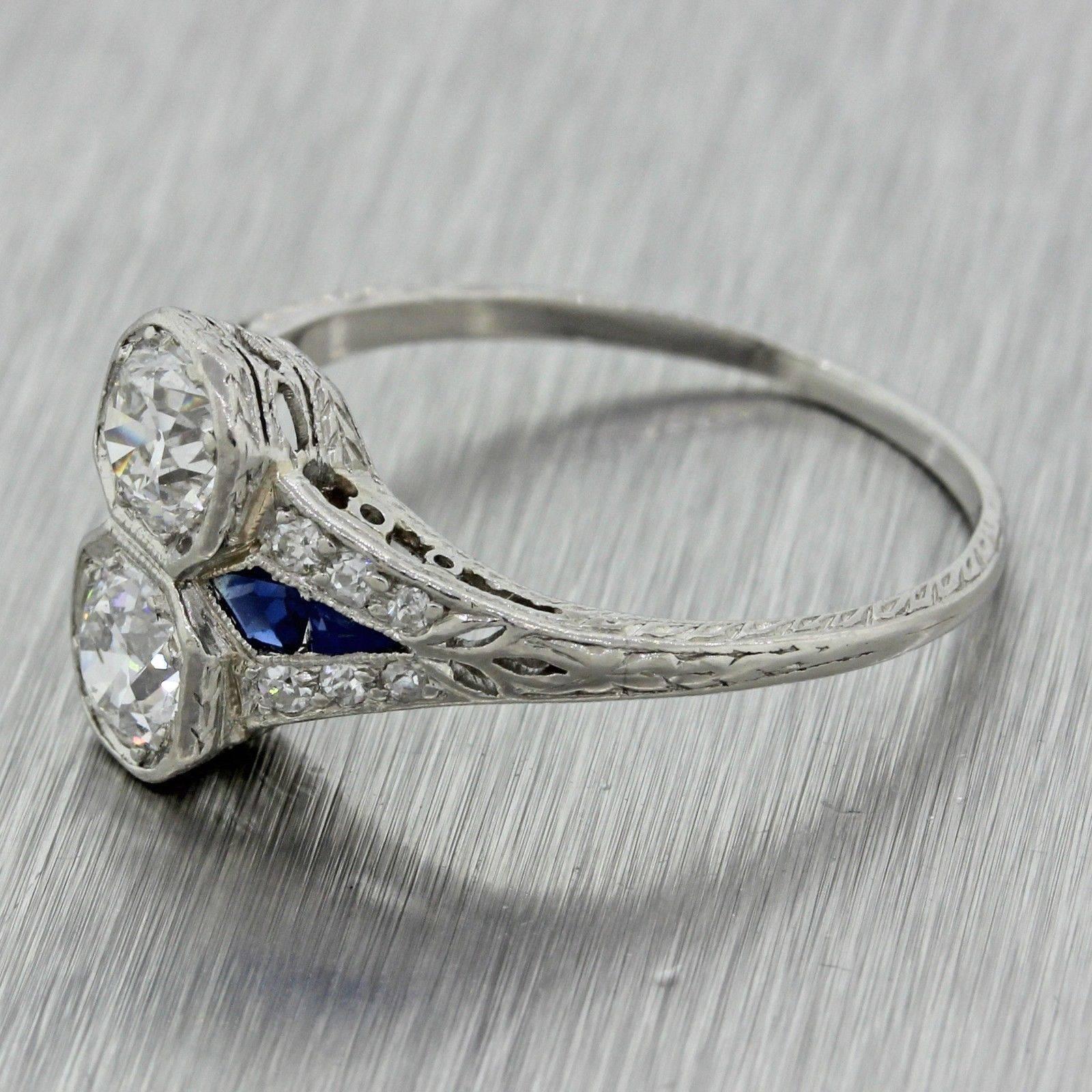 Women's 1920s Antique Art Deco Sapphire Diamond Platinum Engagement Ring For Sale