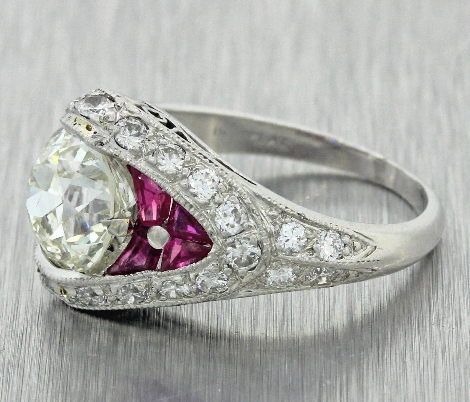 1920s Antique Art Deco  2.53 Carat Diamond Ruby Solid Platinum EGL Ring In Excellent Condition In Huntington, NY