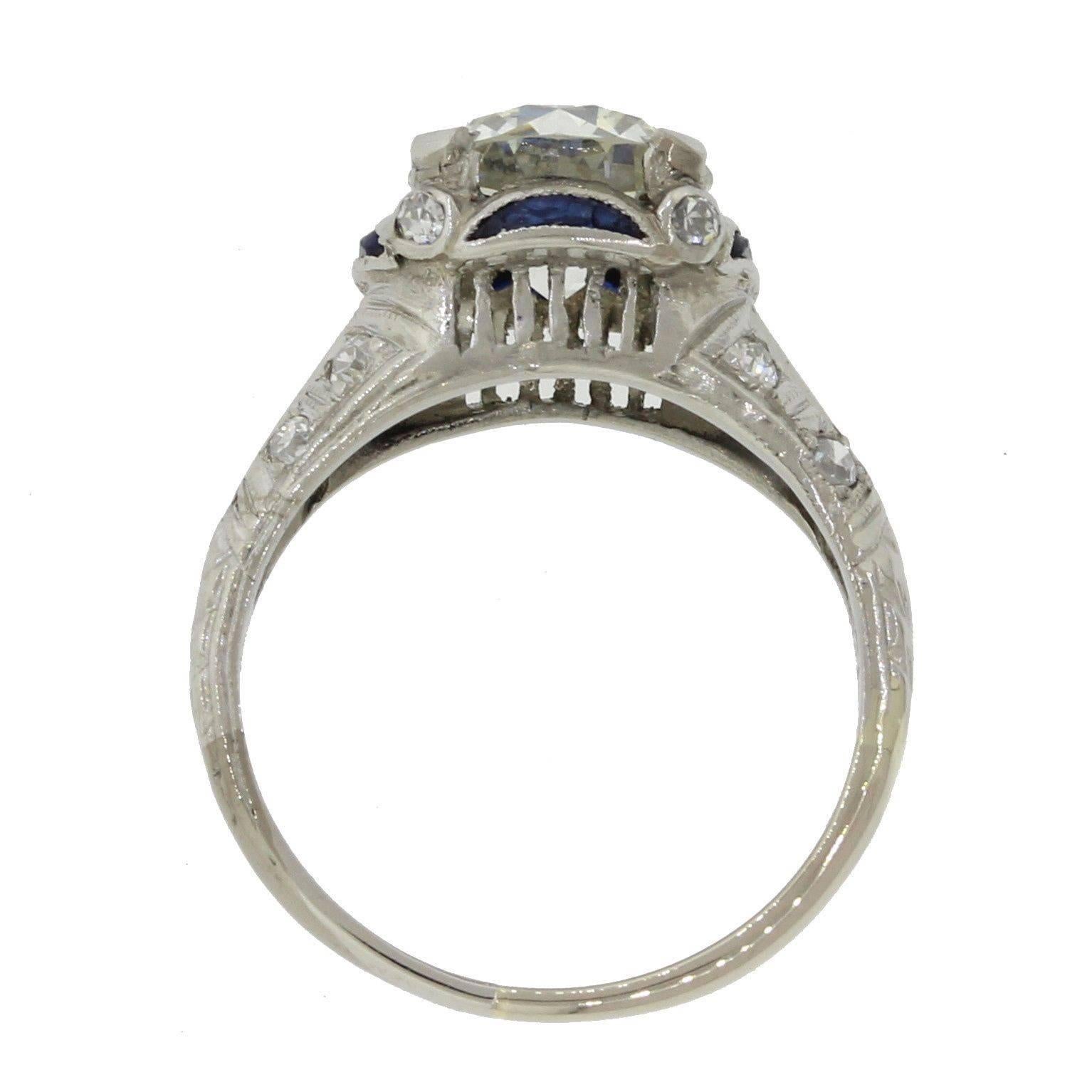Women's 1920s Antique Art Deco Platinum 1.70 Carat GIA Diamond Sapphire Engagement Ring For Sale