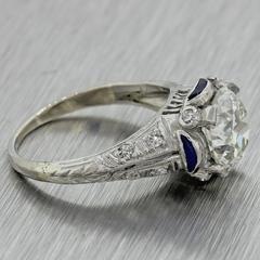1920s Antique Art Deco Platinum 1.70 Carat GIA Diamond Sapphire Engagement Ring