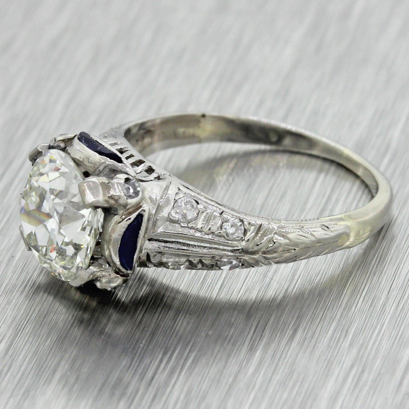 1920s Antique Art Deco Platinum 1.70 Carat GIA Diamond Sapphire Engagement Ring In Excellent Condition For Sale In Huntington, NY
