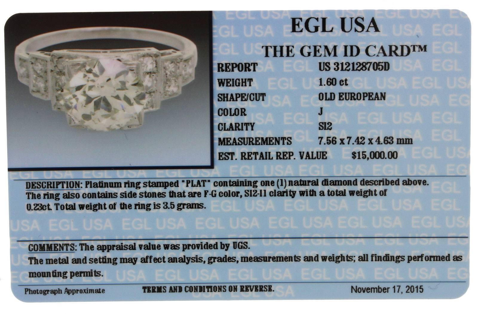 1920s Antique Art Deco Platinum 1.60 Carat Old European Cut Diamond Ring For Sale 1