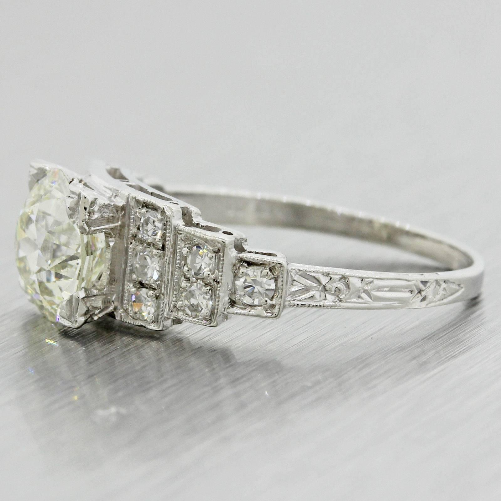 1920s Antique Art Deco Platinum 1.60 Carat Old European Cut Diamond Ring In Excellent Condition For Sale In Huntington, NY
