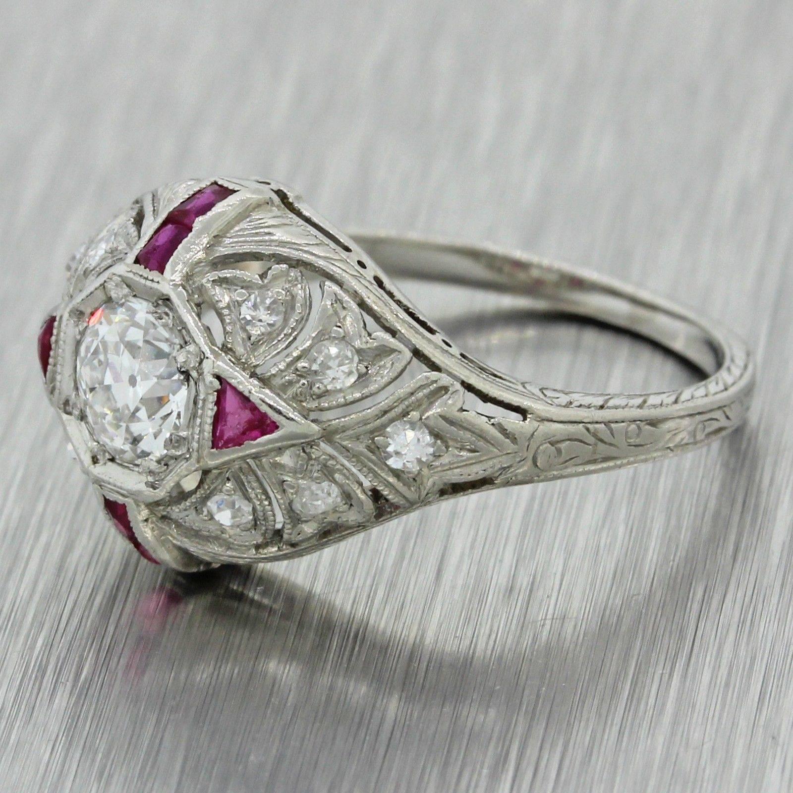 This is a 1920s Antique Art Deco Platinum .59ctw Old Cut Diamond Ruby Engagement Ring EGL. This ring suggested retail price is $6,330 USD. It will come in a lovely ring box for a perfect presentation and our unconditional 30 day money back return