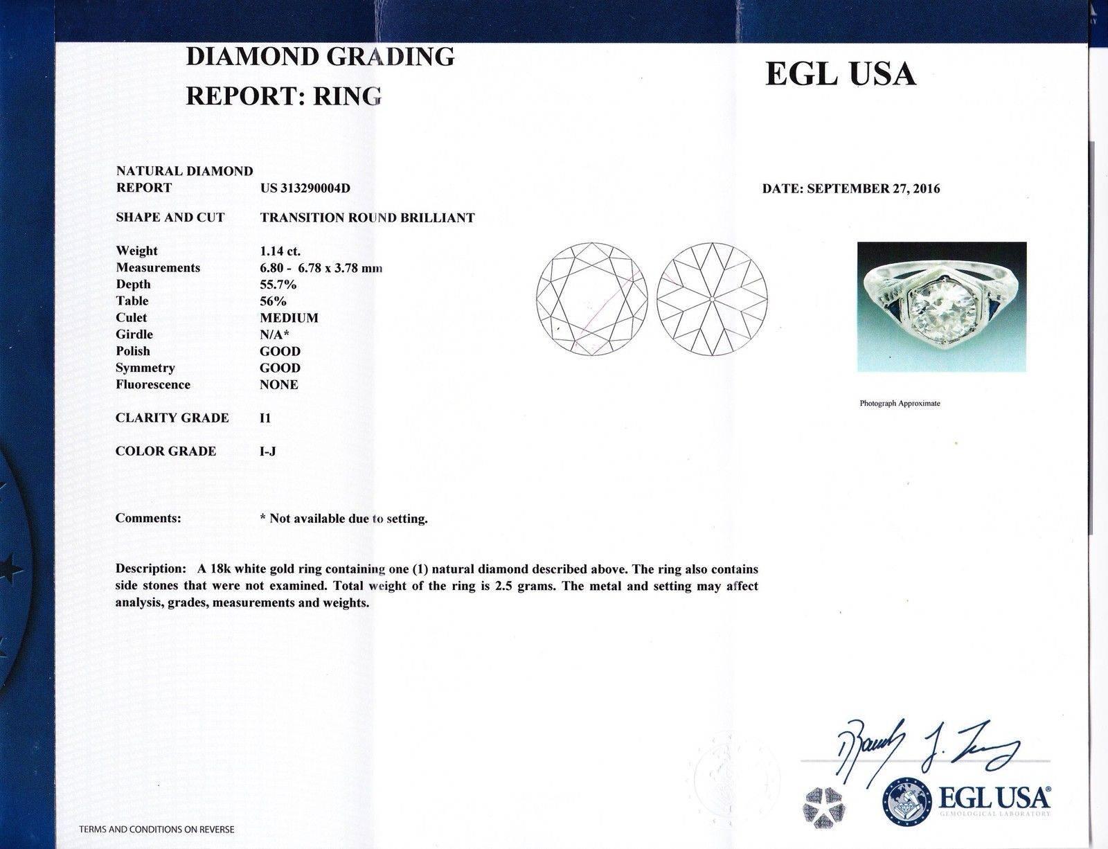 1920s Art Deco 1.14 Carat Diamond Sapphire Gold Engagement EGL Ring For Sale 1
