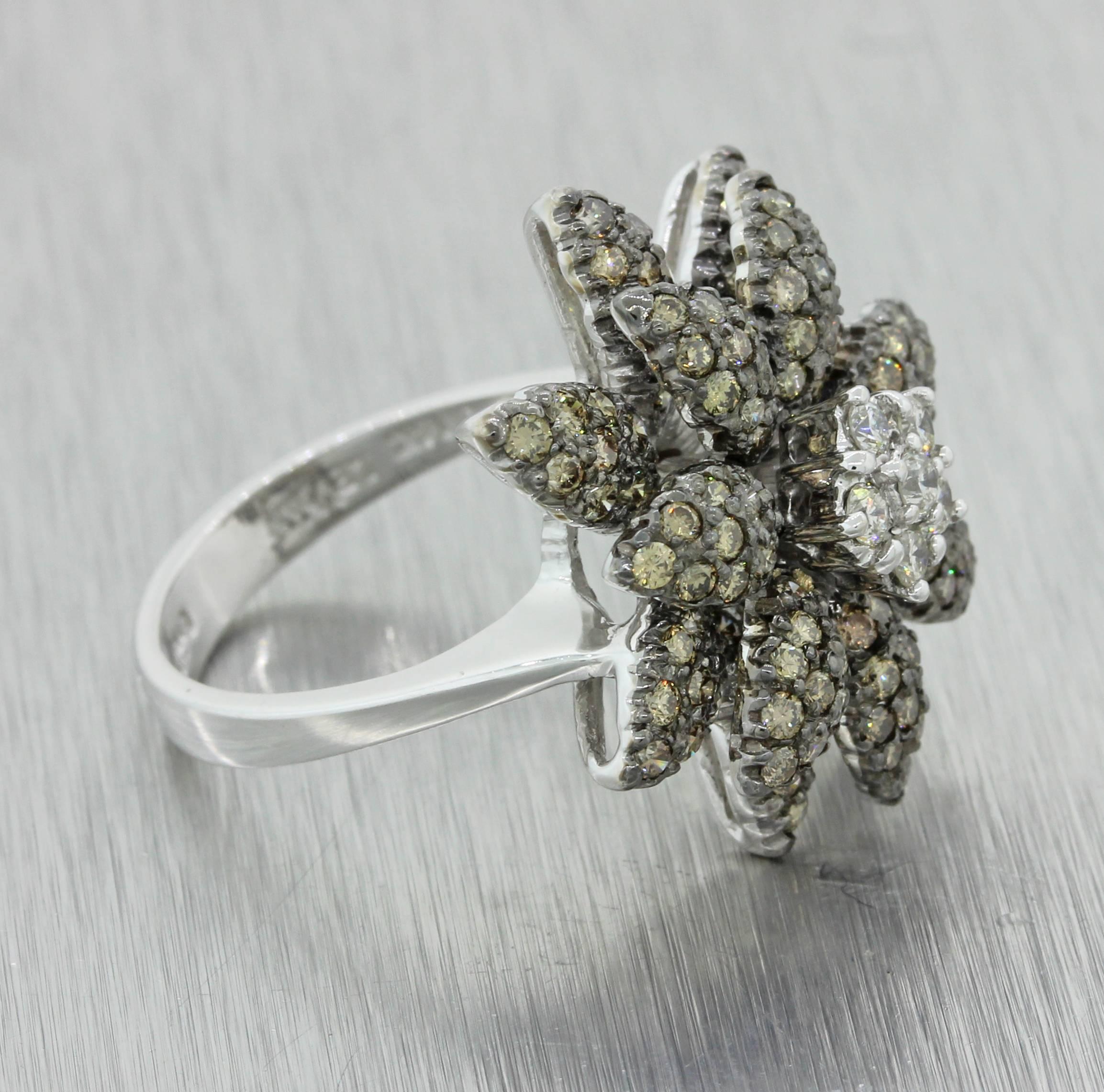 This is a beautiful Modern Estate LeVian 14k White Gold 2.15ctw Chocolate White Diamond Flower Cluster Ring. Retail Price: $4075.00 It will come professionally packaged in a beautiful ring presentation box and our unconditional 30day money-back
