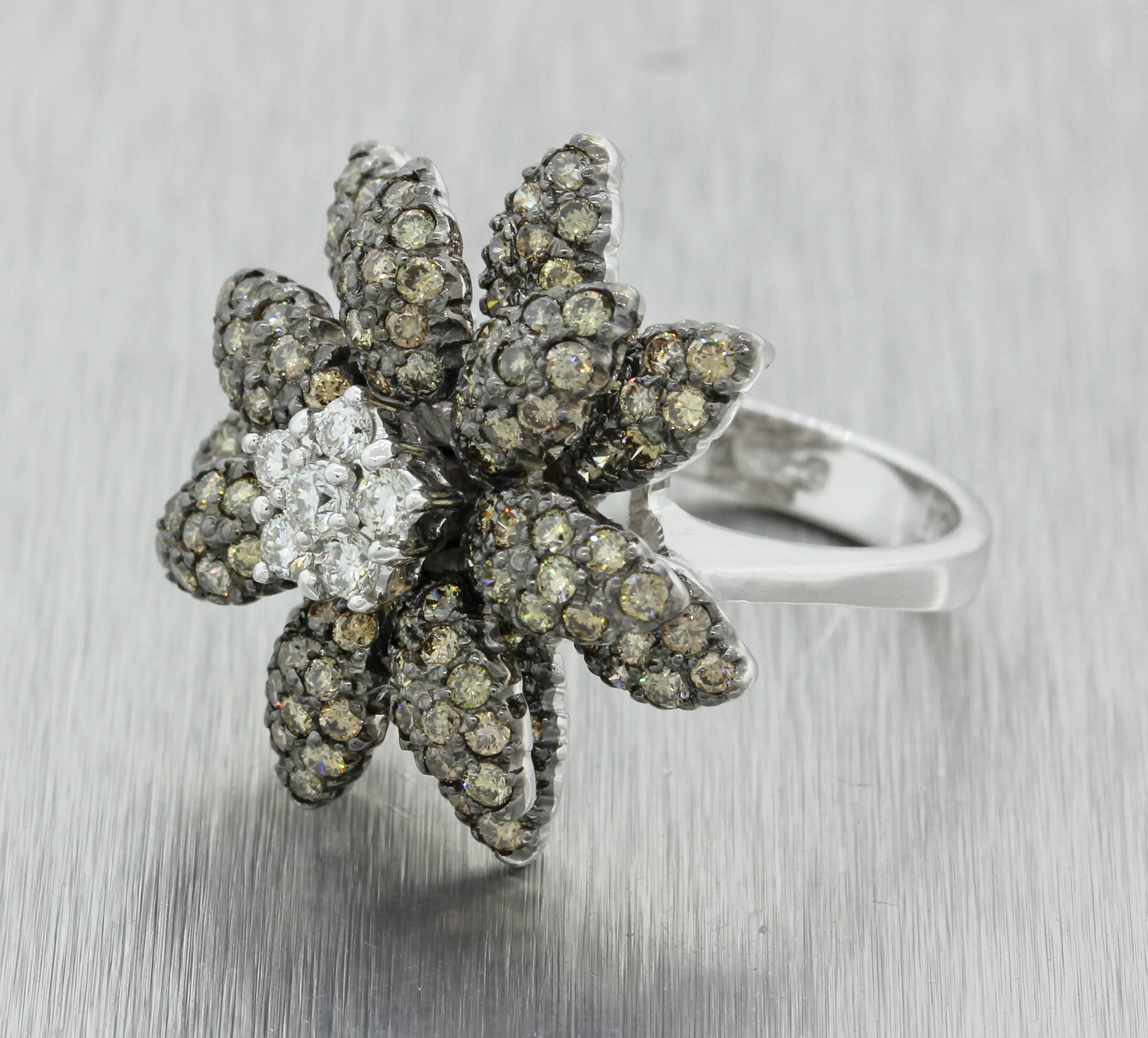 LeVian Chocolate White Diamond Flower Ring In Excellent Condition For Sale In Huntington, NY
