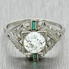 1920s Antique Art Deco 1.51 Carat EGL Diamond Emerald Solid Platinum Ring