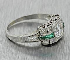 1920s Art Deco .82 Carat EGL Old Diamond Emerald Platinum Engagement Ring