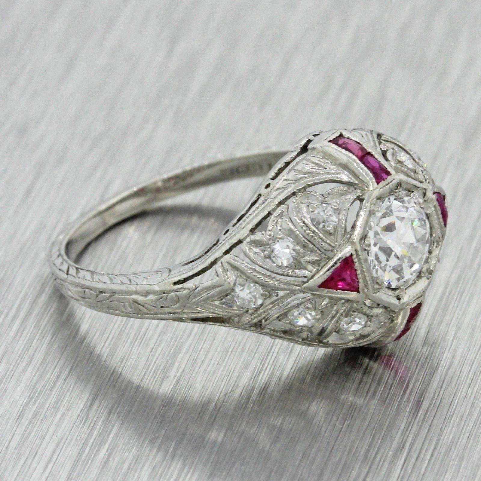 1920s Art Deco .59 Carat Old Cut Diamond Ruby Platinum Engagement Ring EGL In Excellent Condition For Sale In Huntington, NY