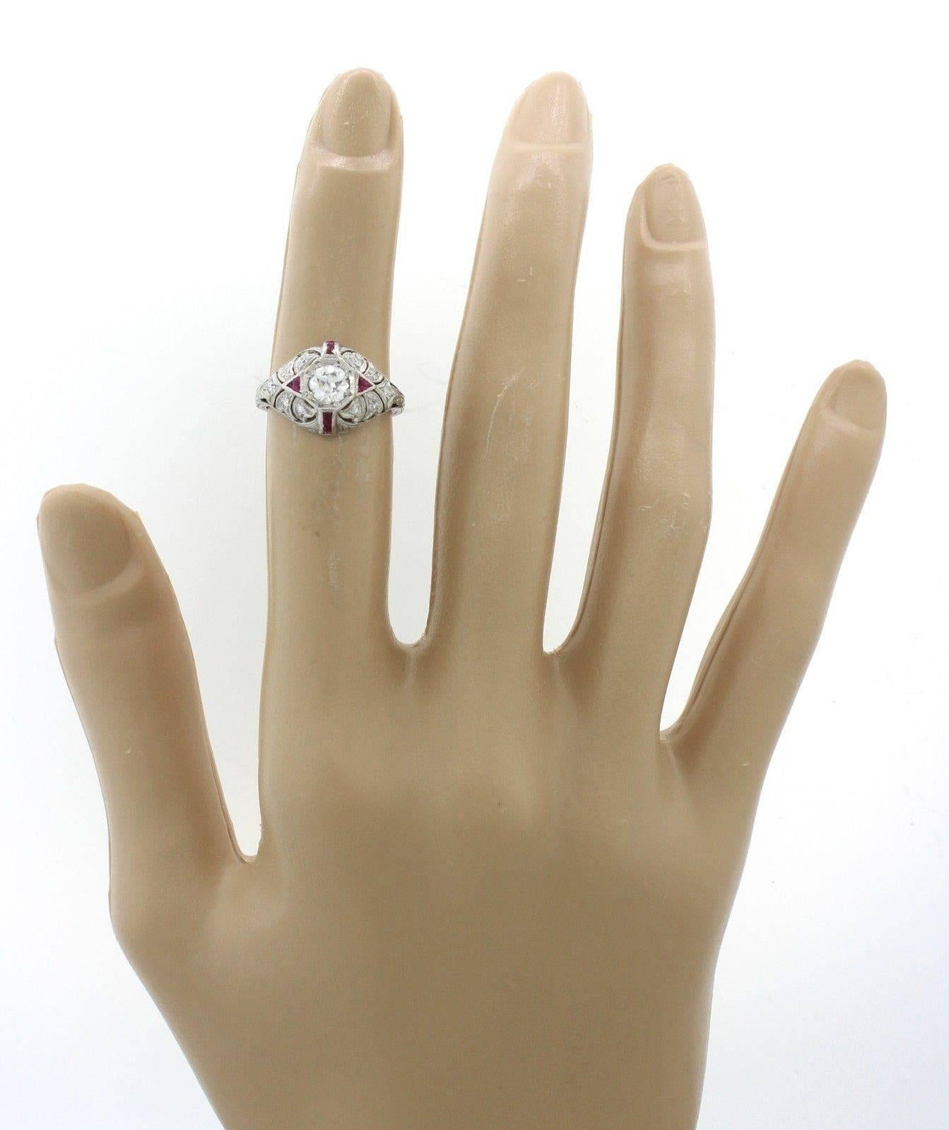 1920s Art Deco .59 Carat Old Cut Diamond Ruby Platinum Engagement Ring EGL For Sale 1