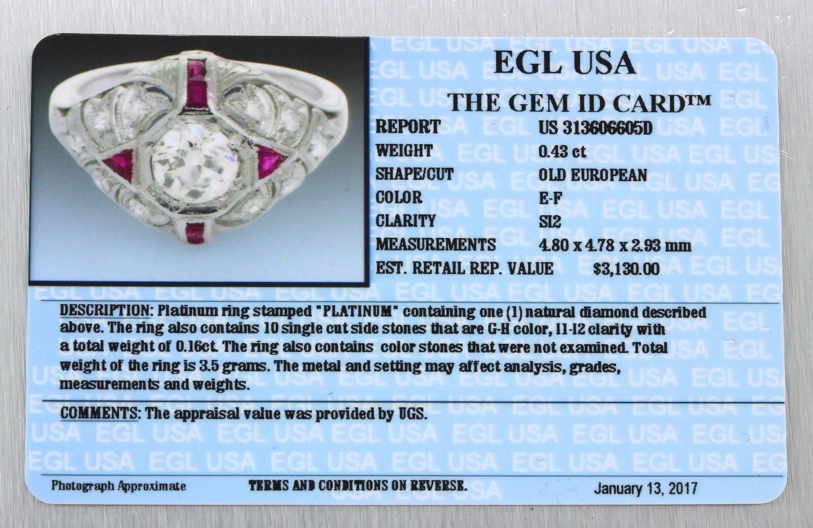 1920s Art Deco .59 Carat Old Cut Diamond Ruby Platinum Engagement Ring EGL For Sale 2