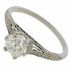 Antique Art Deco .85 Carat Old European Diamond white gold Filigree Engagement Ring