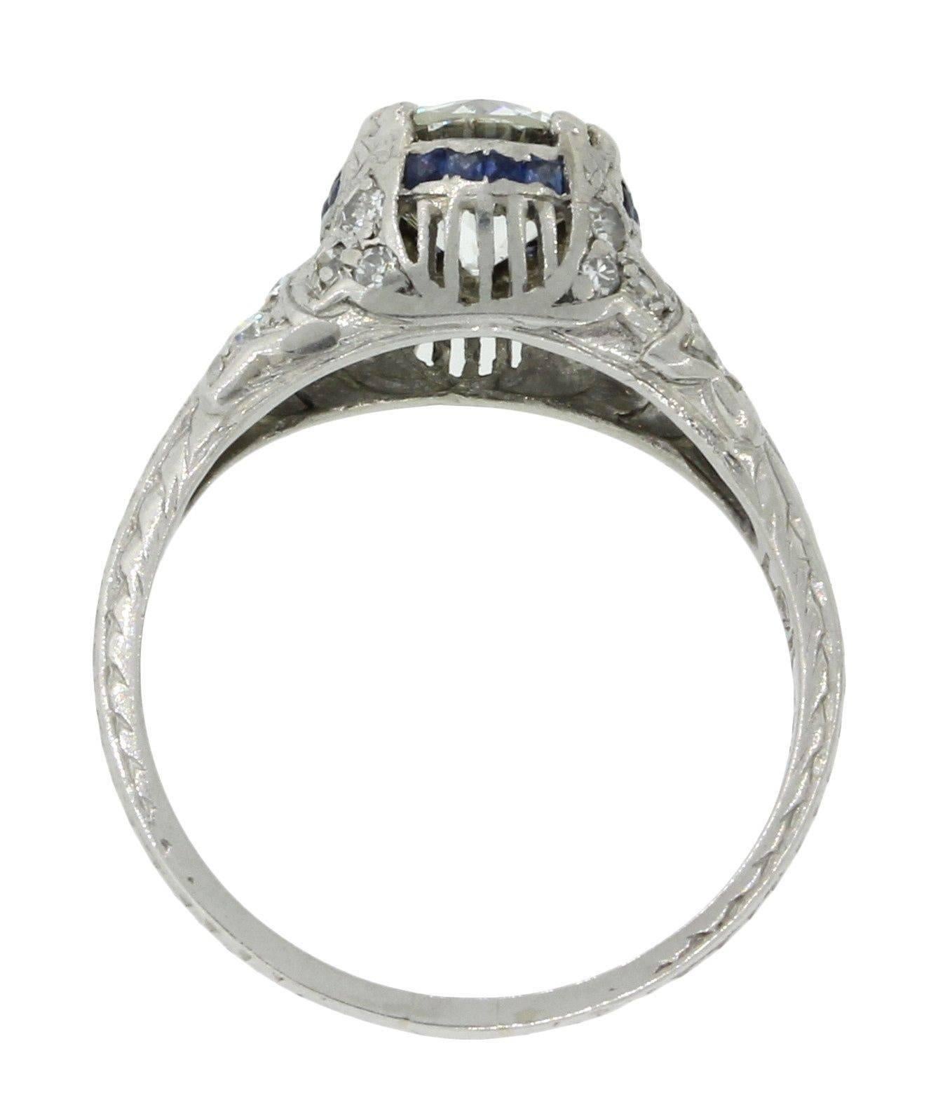 Women's 1920s Art Deco 1.46 Carat Diamond Sapphire Platinum Engagement Ring EGL For Sale