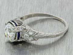 1920s Art Deco 1.46 Carat Diamond Sapphire Platinum Engagement Ring EGL